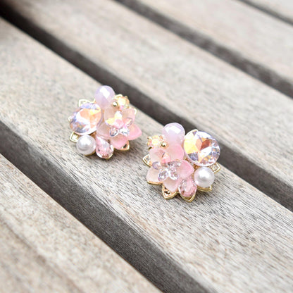 Pink Blue Crystals Flower Stud Earrings