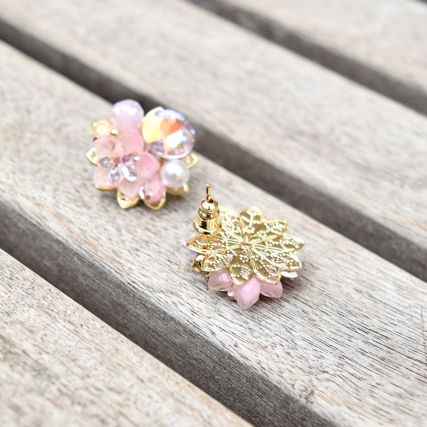 Pink Blue Crystals Flower Stud Earrings