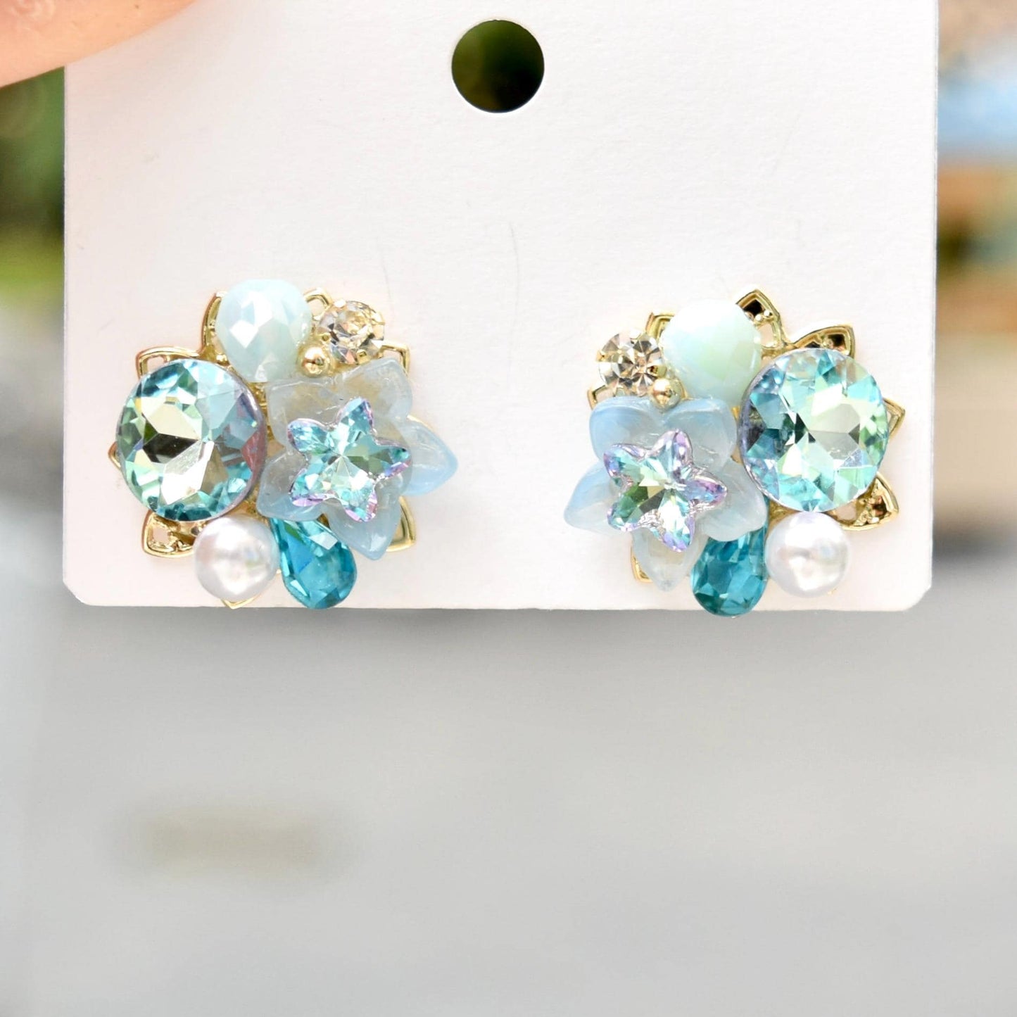 Pink Blue Crystals Flower Stud Earrings