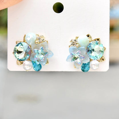 Pink Blue Crystals Flower Stud Earrings