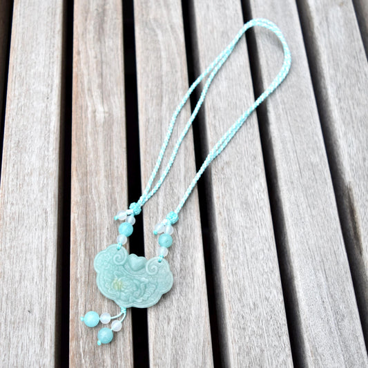 Green Blue Peony Lock Pendant Rope Necklace - Amazonite