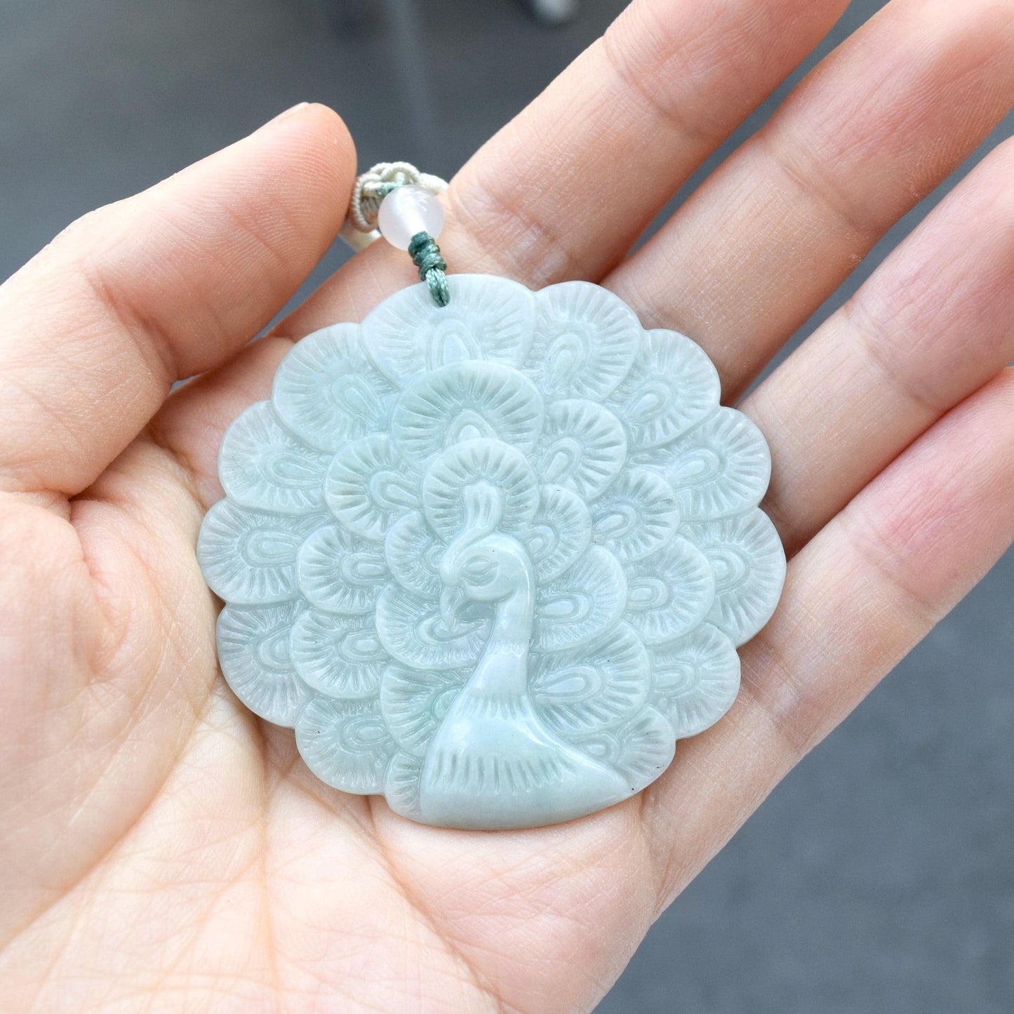 Jadeite Peacock Pendant Rope Necklace - 天然翡翠