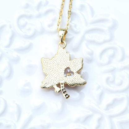 Red Crystals Maple Pendant Necklace - Stainless Steel Golden Necklace