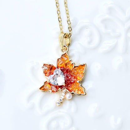 Red Crystals Maple Pendant Necklace - Stainless Steel Golden Necklace
