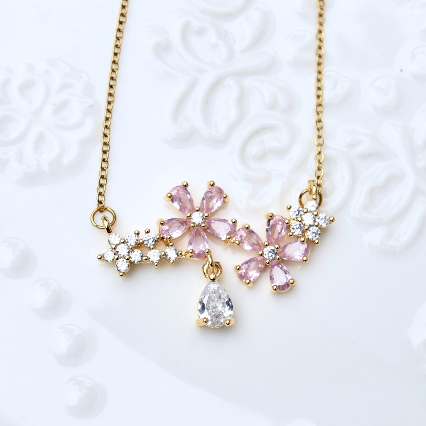 Double Sakura Charm Necklace - Pink Crystal Flower Stainless Steel