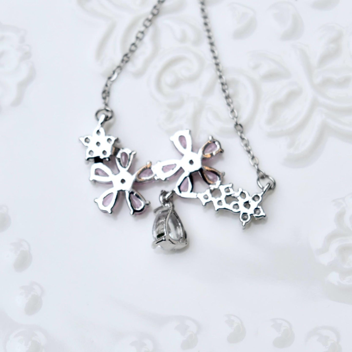 Double Sakura Charm Necklace - Pink Crystal Flower Stainless Steel