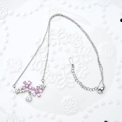 Double Sakura Charm Necklace - Pink Crystal Flower Stainless Steel