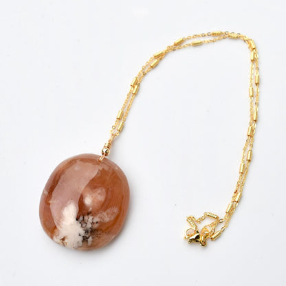 Sakura Agate Rectangle Oval Pendant Necklace- Peace Plate Pendant 無事牌 - Stainless Steel Chain