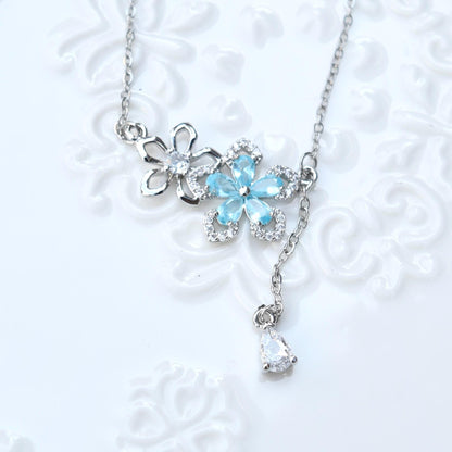 Blue Crystal Flower Charm Silver Necklace - Stainless Steel