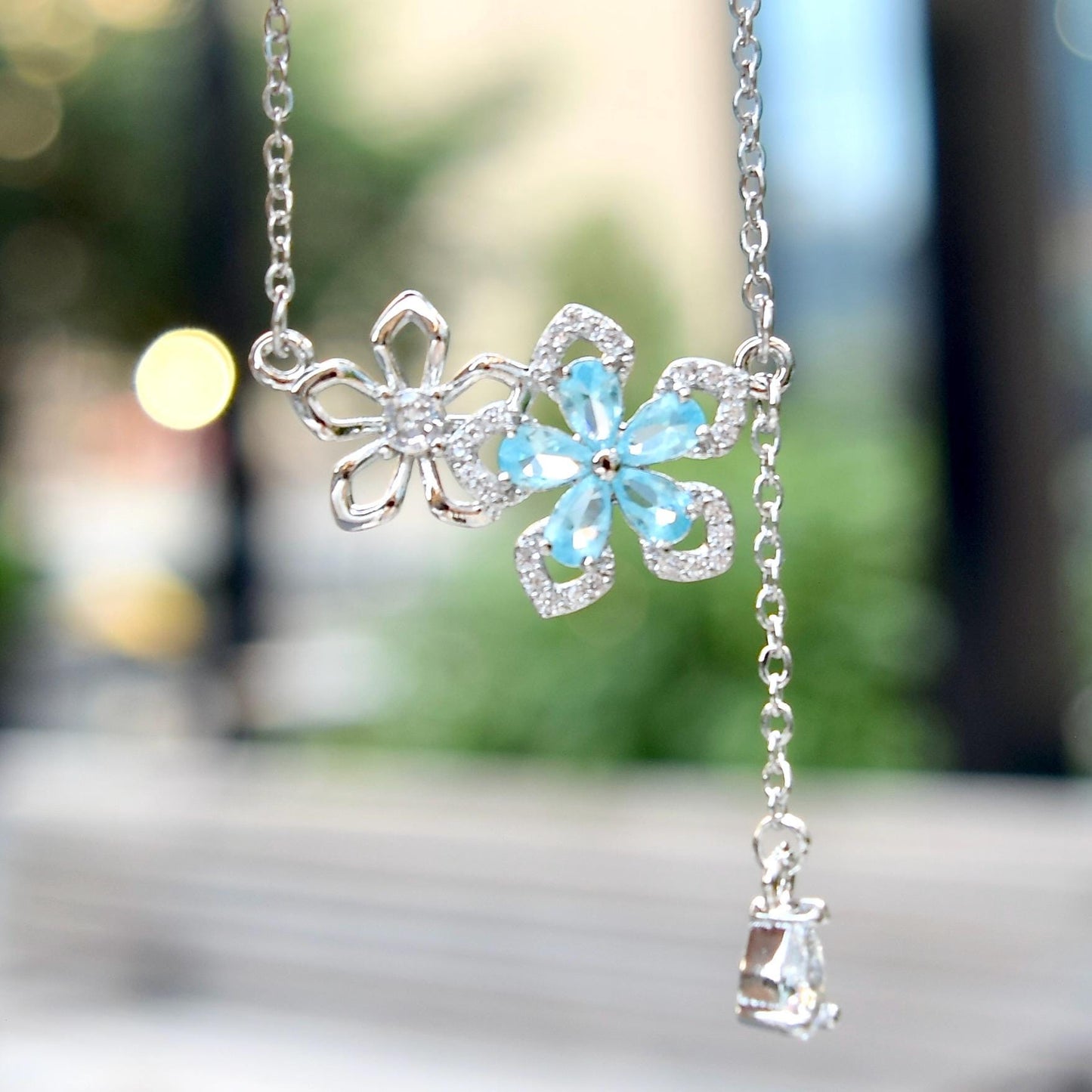 Blue Crystal Flower Charm Silver Necklace - Stainless Steel