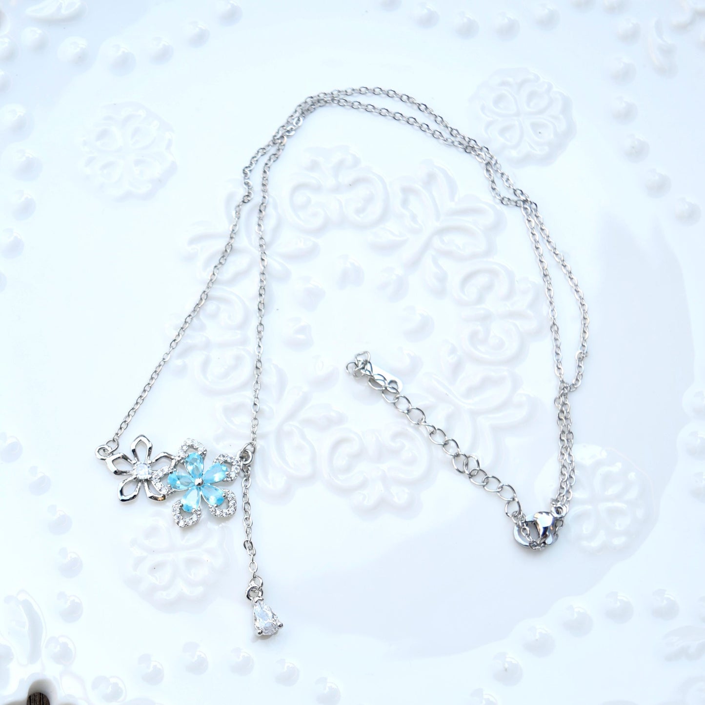 Blue Crystal Flower Charm Silver Necklace - Stainless Steel