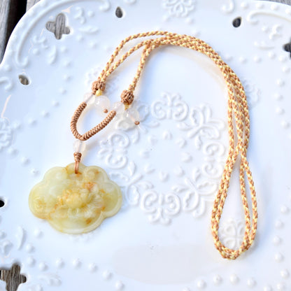 Peony Pendant Braided Rope Necklace - Yellow Serpentine Jade