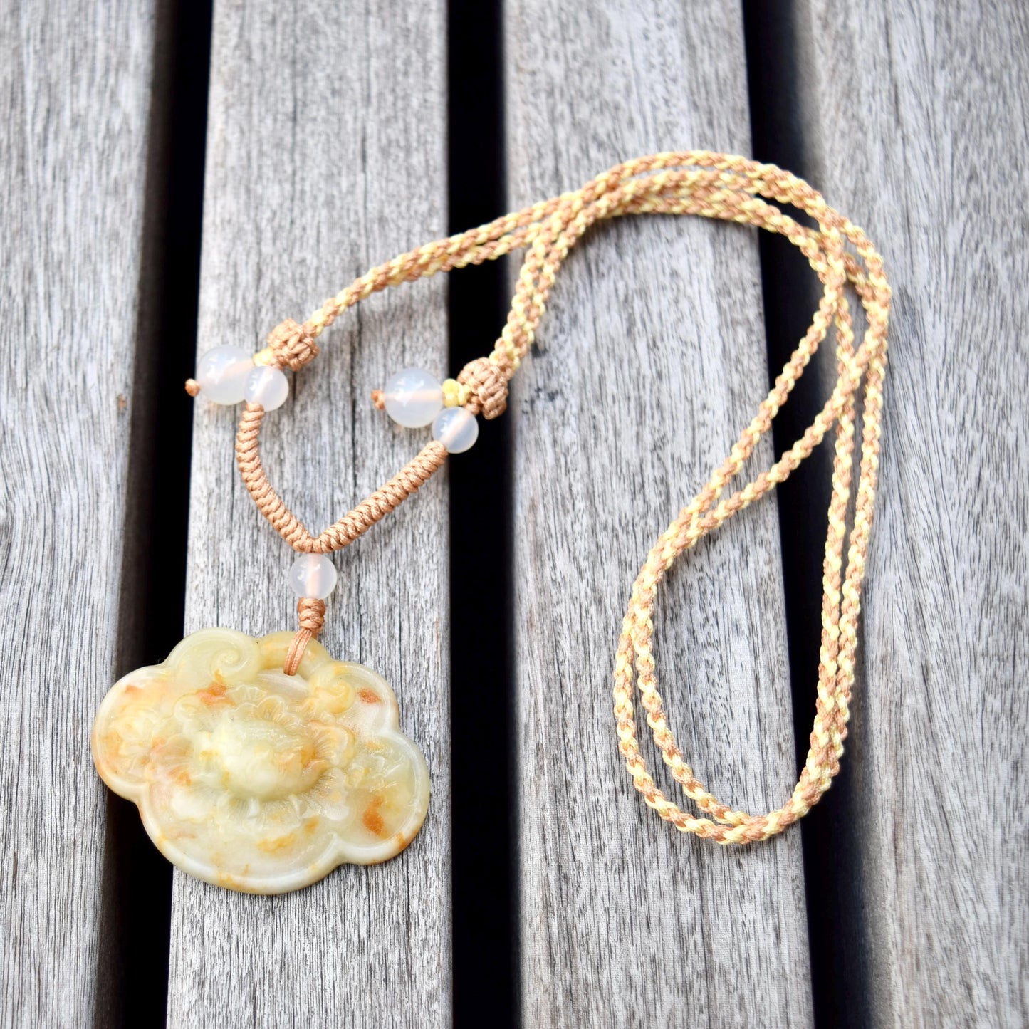 Peony Pendant Braided Rope Necklace - Yellow Serpentine Jade