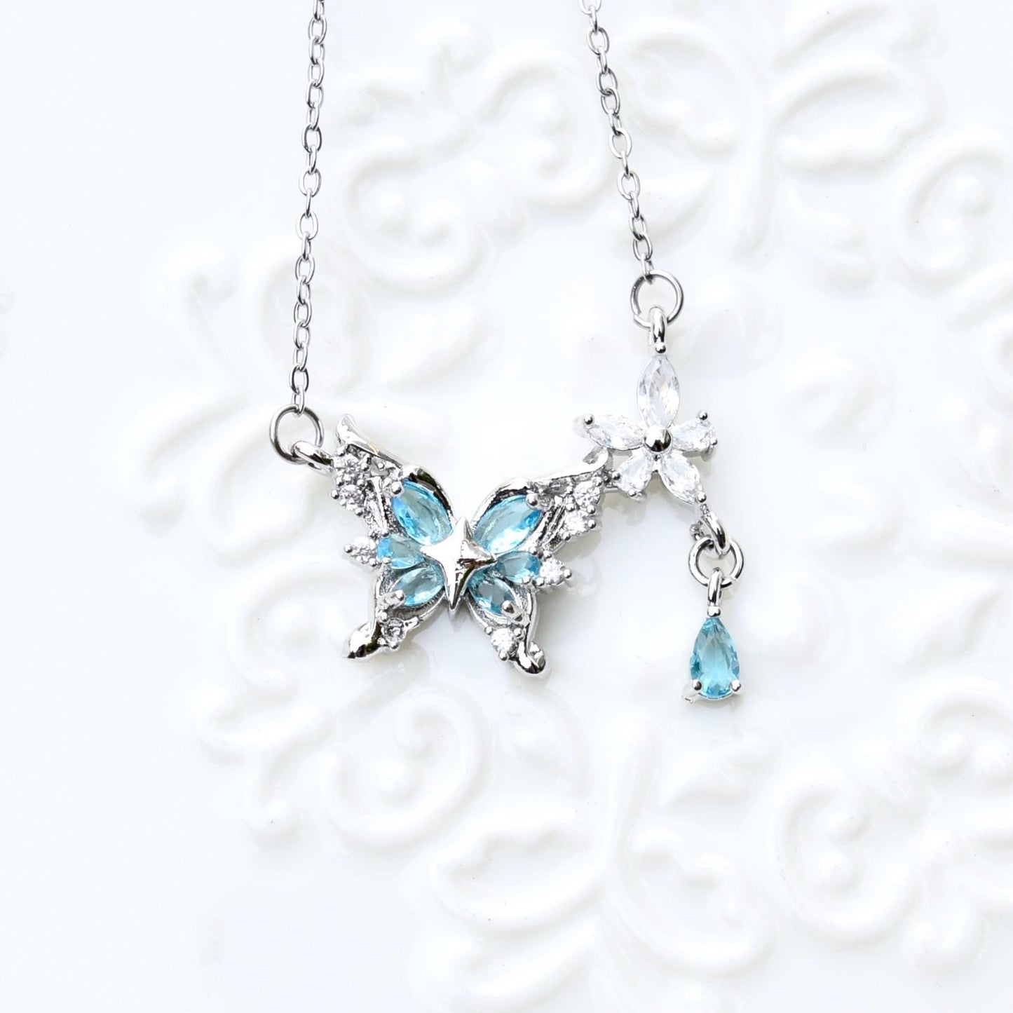 Blue Crystal Butterfly Necklace - Stainless Steel Necklace