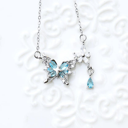 Blue Crystal Butterfly Necklace - Stainless Steel Necklace