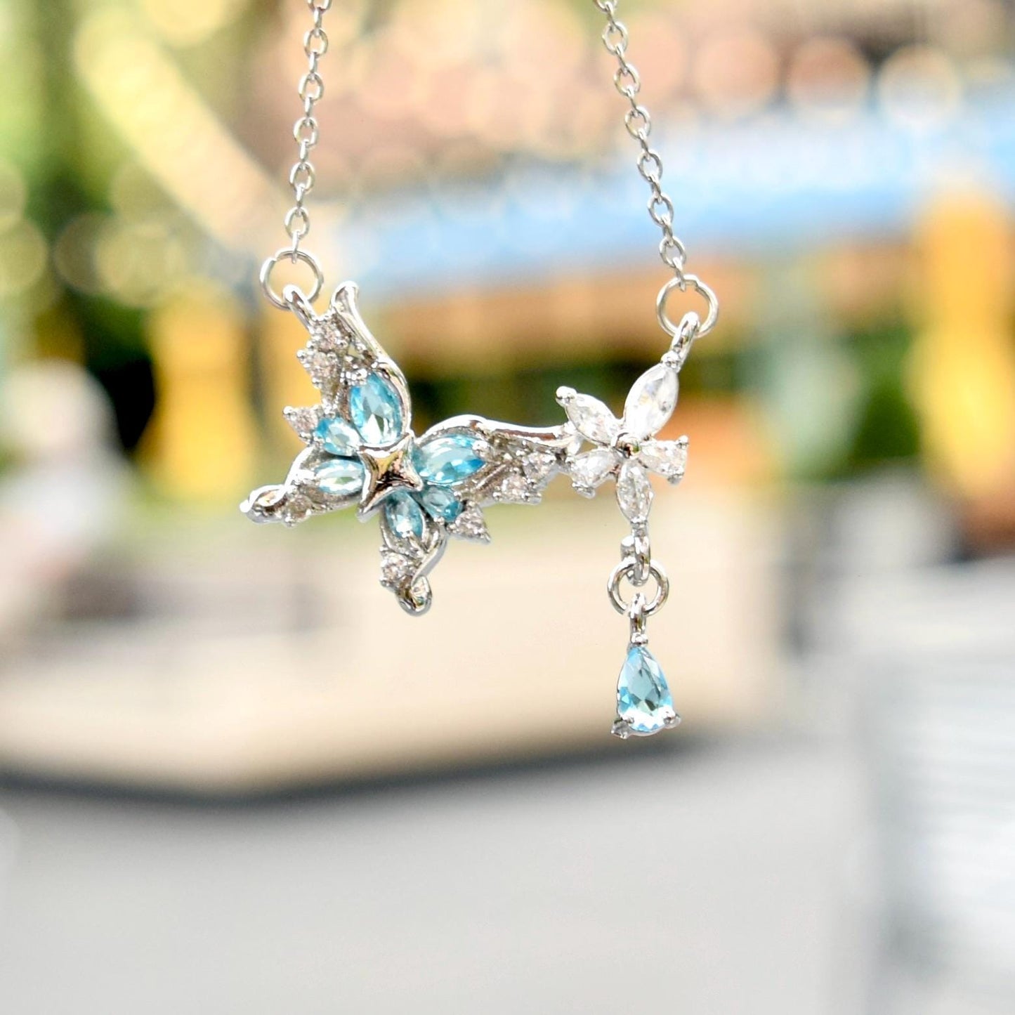 Blue Crystal Butterfly Necklace - Stainless Steel Necklace