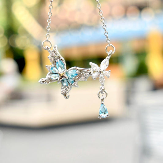 Blue Crystal Butterfly Necklace - Stainless Steel Necklace