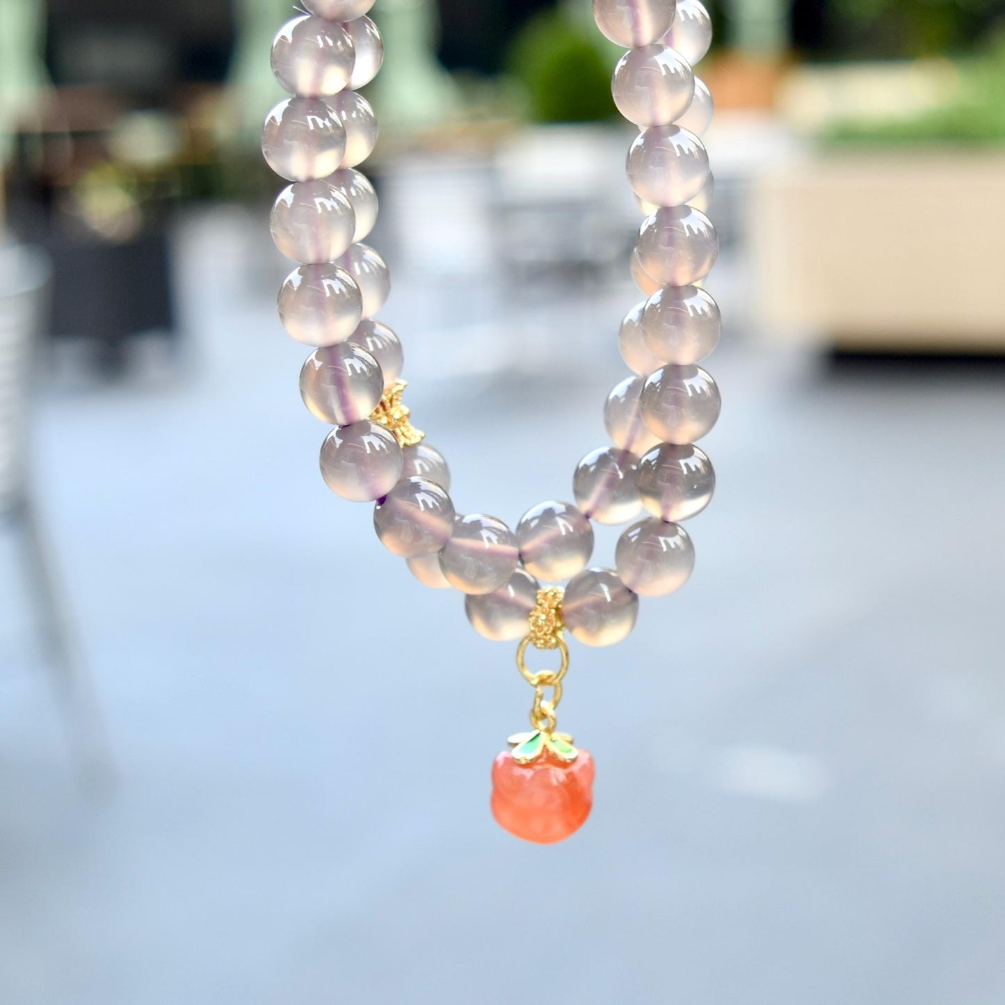 8 mm Gray Purple Agate Beaded 2 Wraps Bracelet - Persimmon Charm
