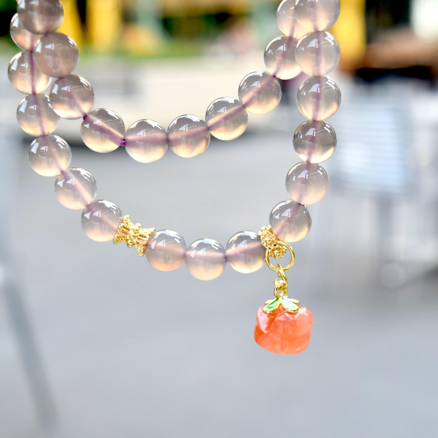 8 mm Gray Purple Agate Beaded 2 Wraps Bracelet - Persimmon Charm