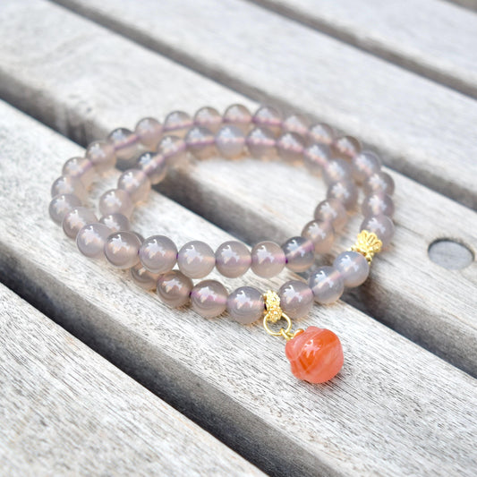 8 mm Gray Purple Agate Beaded 2 Wraps Bracelet - Persimmon Charm