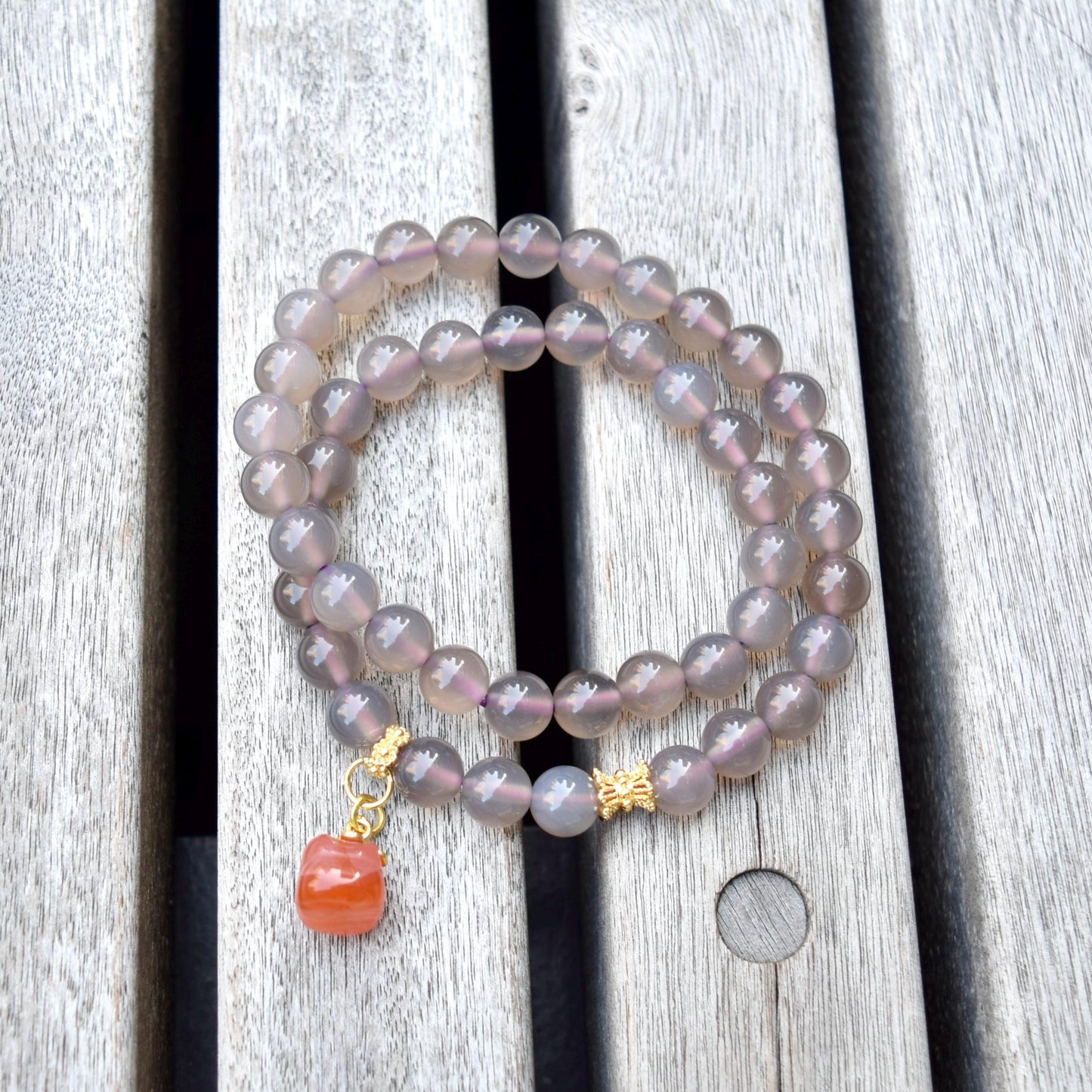 8 mm Gray Purple Agate Beaded 2 Wraps Bracelet - Persimmon Charm