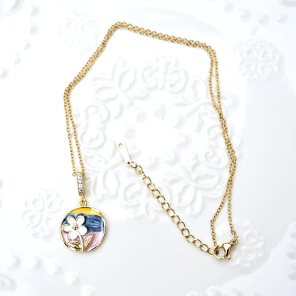 Enamel Pearl Flower Charm Necklace - Vintage Style Oil Dripping