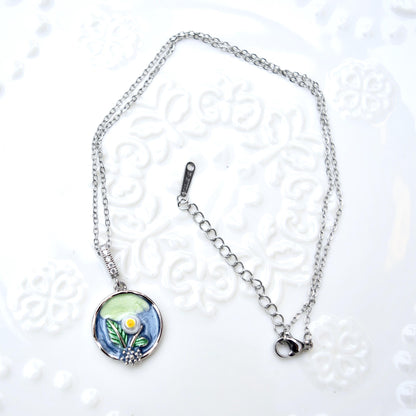 Enamel Pearl Flower Charm Necklace - Vintage Style Oil Dripping