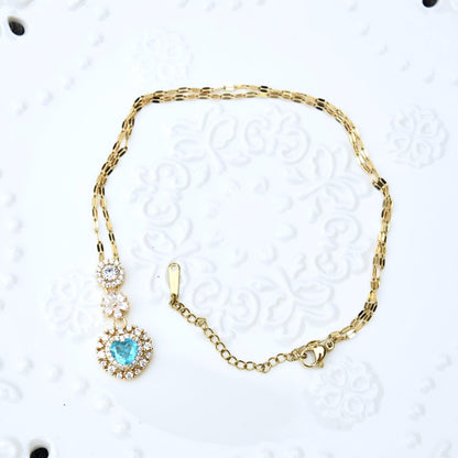 Blue Pink Crystals Pendant Necklace Bracelet - Stainless Steel Golden Neckalce