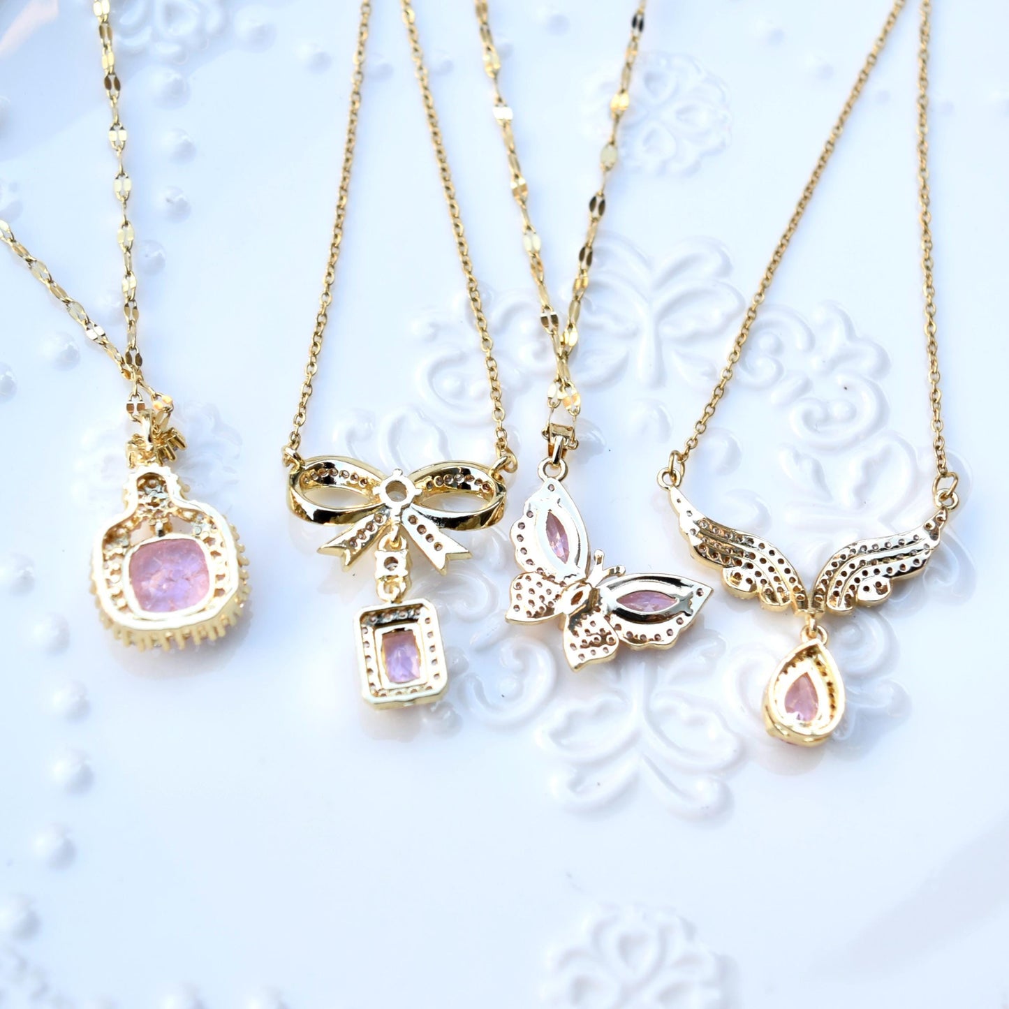 Pink Crystal Charm Princess Necklace - Square Bow Butterfly Wings Stainless Steel