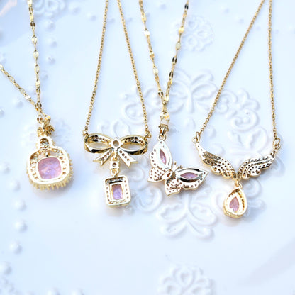 Pink Crystal Charm Princess Necklace - Square Bow Butterfly Wings Stainless Steel