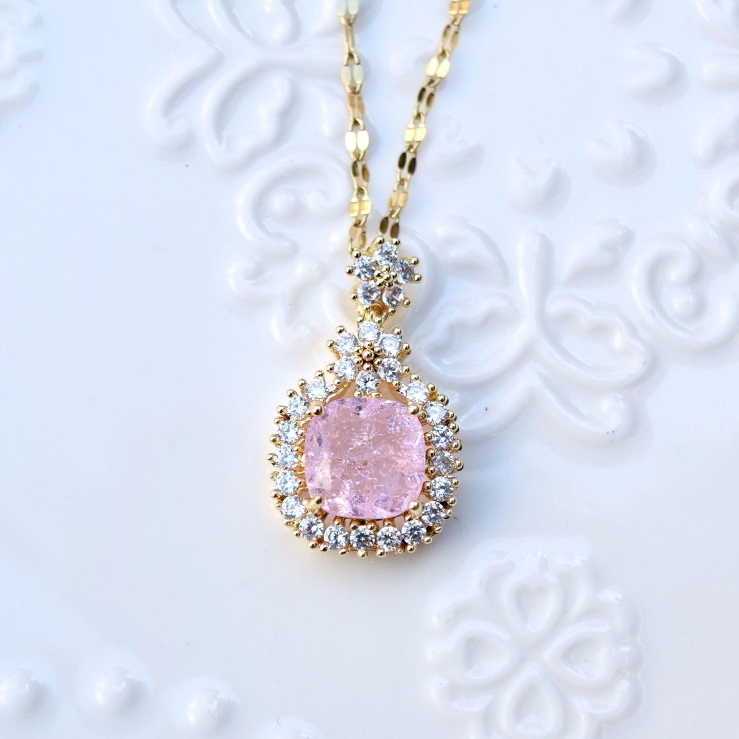 Pink Crystal Charm Princess Necklace - Square Bow Butterfly Wings Stainless Steel