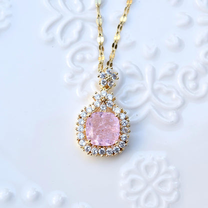 Pink Crystal Charm Princess Necklace - Square Bow Butterfly Wings Stainless Steel