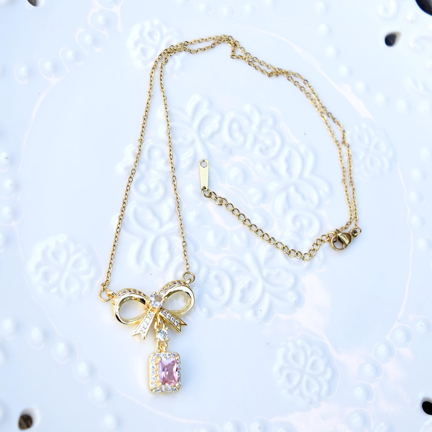 Pink Crystal Charm Princess Necklace - Square Bow Butterfly Wings Stainless Steel