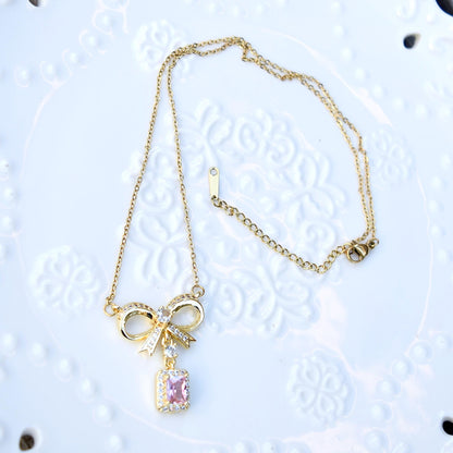 Pink Crystal Charm Princess Necklace - Square Bow Butterfly Wings Stainless Steel