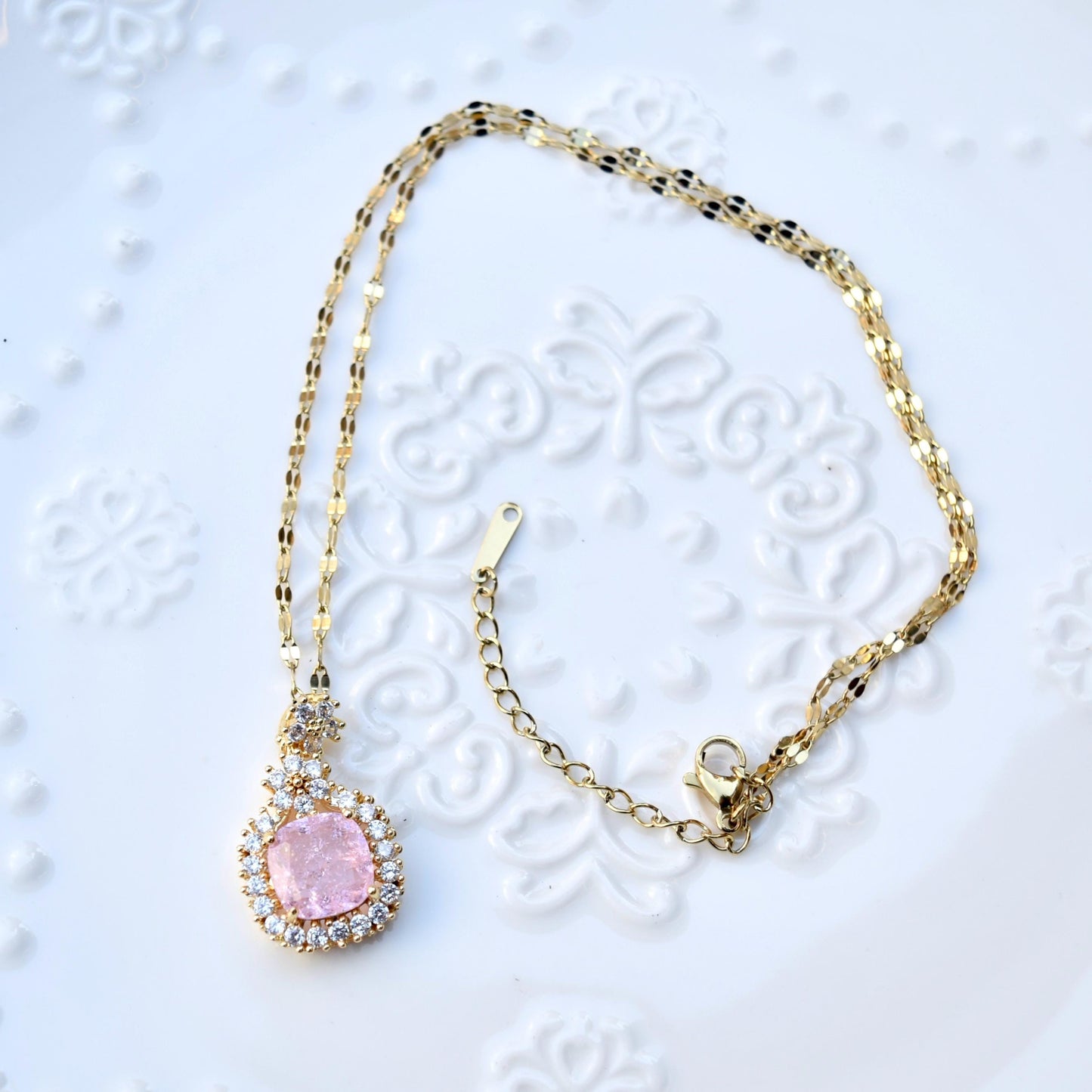 Pink Crystal Charm Princess Necklace - Square Bow Butterfly Wings Stainless Steel