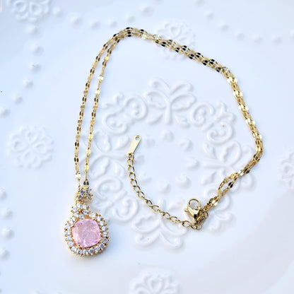 Pink Crystal Charm Princess Necklace - Square Bow Butterfly Wings Stainless Steel