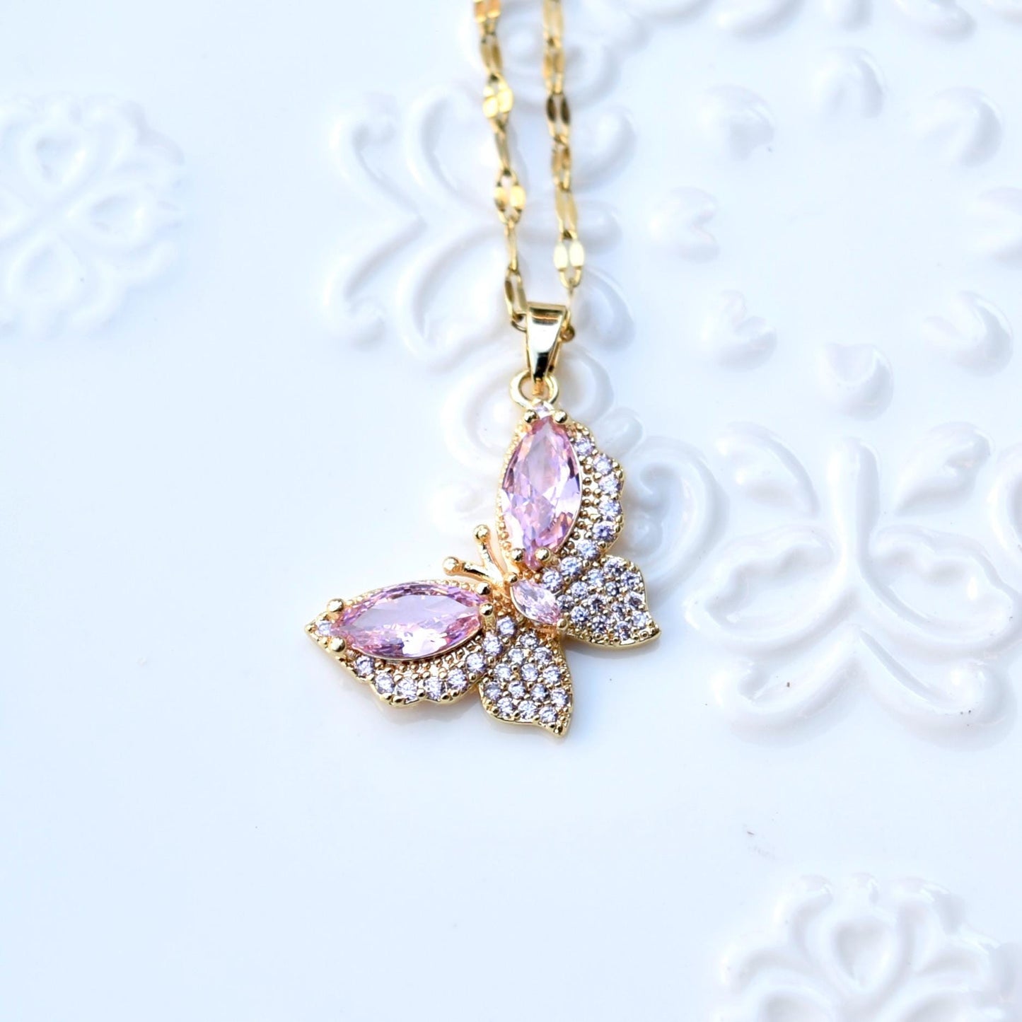 Pink Crystal Charm Princess Necklace - Square Bow Butterfly Wings Stainless Steel