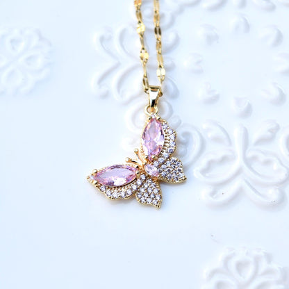 Pink Crystal Charm Princess Necklace - Square Bow Butterfly Wings Stainless Steel