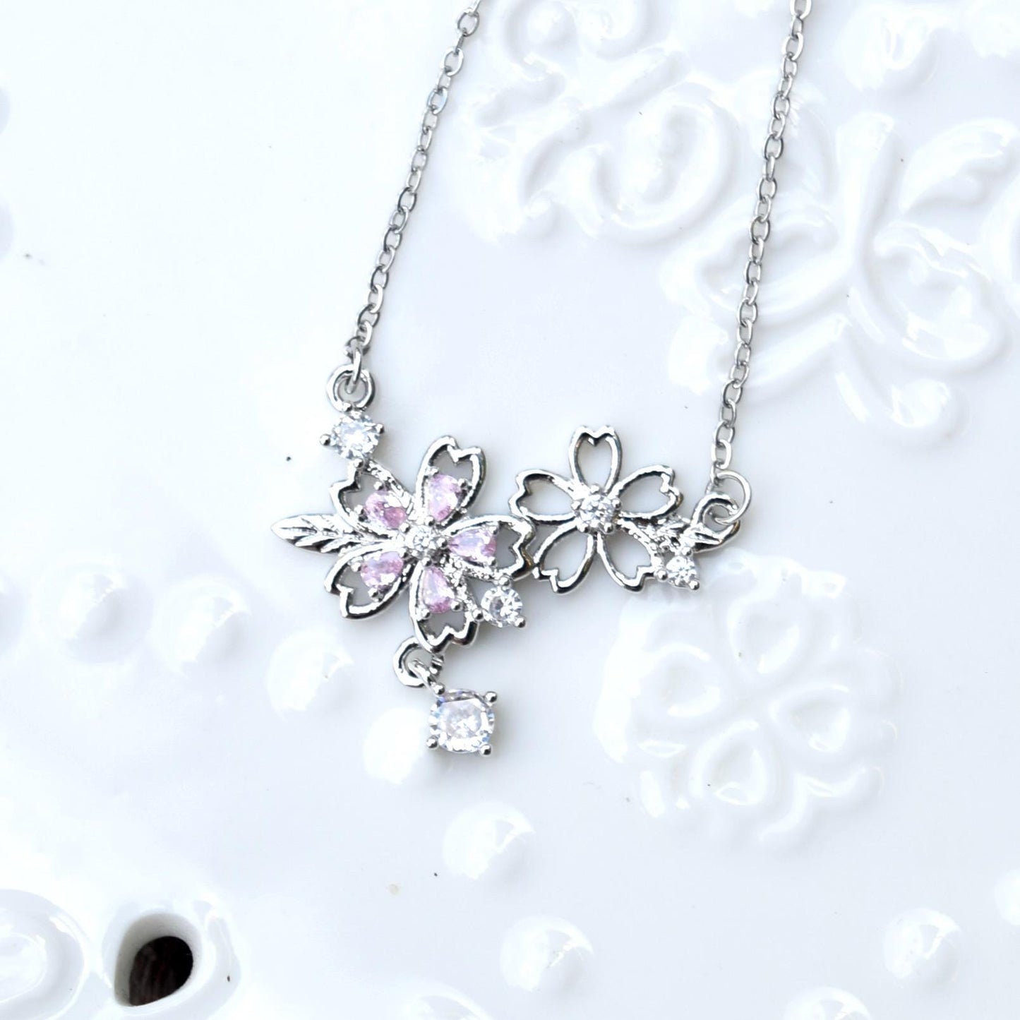 Double Sakura Charm Necklace - Pink Crystal Stainless Steel