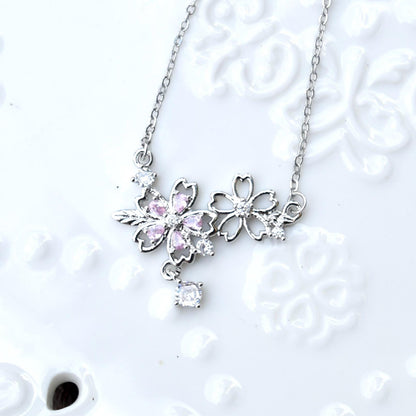 Double Sakura Charm Necklace - Pink Crystal Stainless Steel