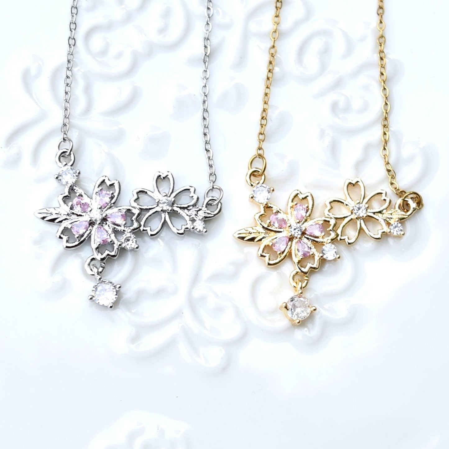 Double Sakura Charm Necklace - Pink Crystal Stainless Steel