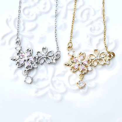 Double Sakura Charm Necklace - Pink Crystal Stainless Steel