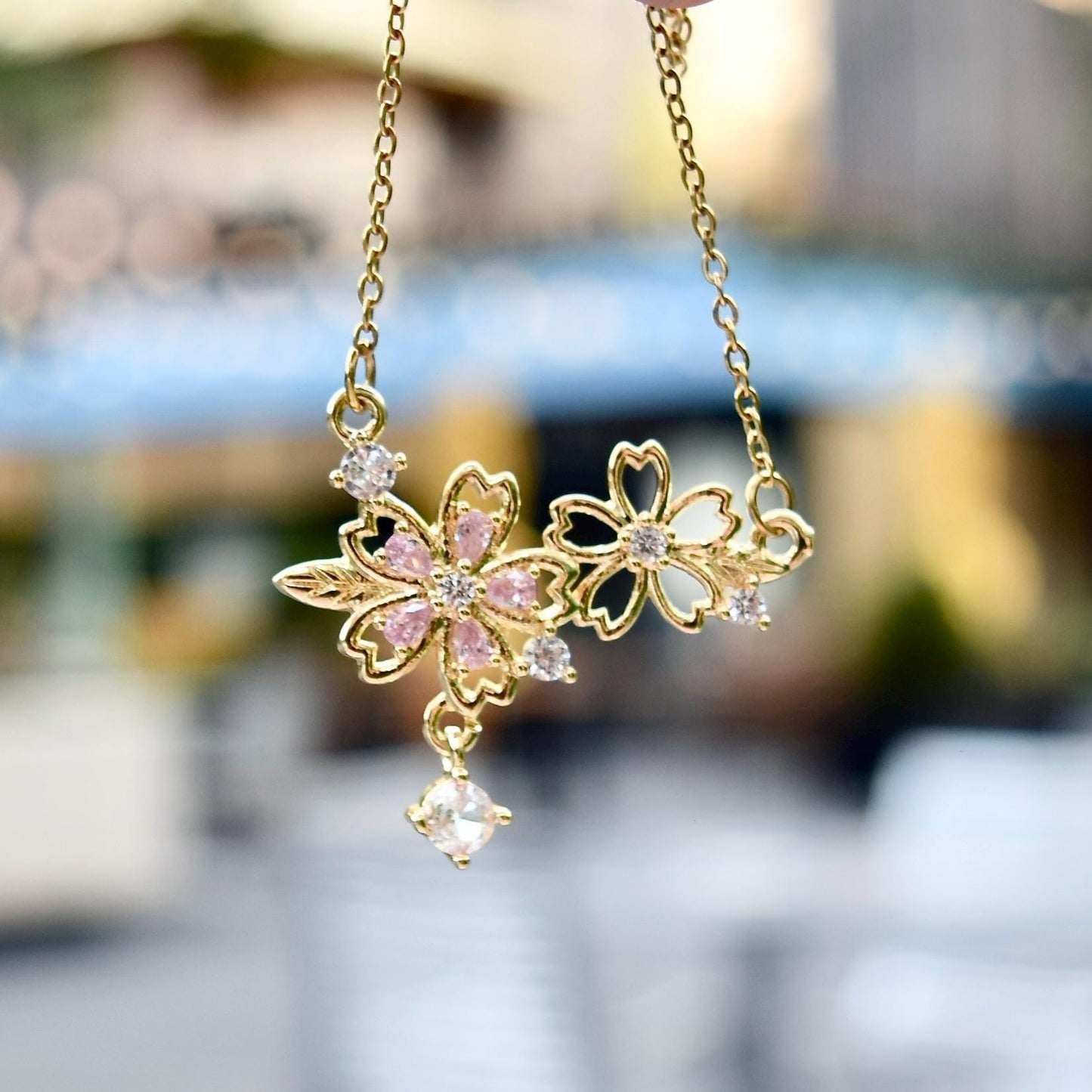 Double Sakura Charm Necklace - Pink Crystal Stainless Steel