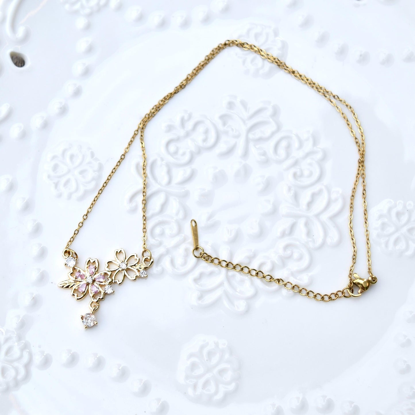 Double Sakura Charm Necklace - Pink Crystal Stainless Steel