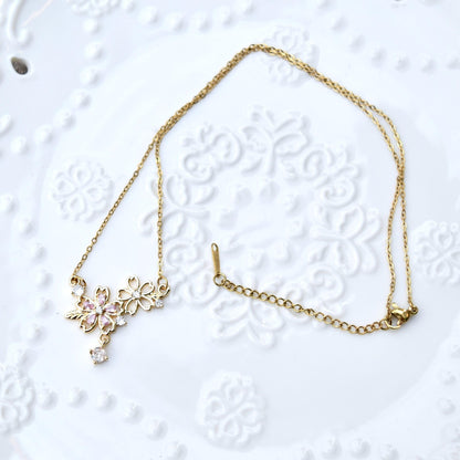 Double Sakura Charm Necklace - Pink Crystal Stainless Steel