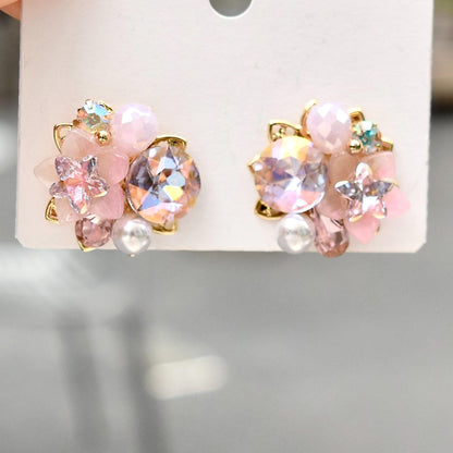 Pink Blue Crystals Flower Stud Earrings