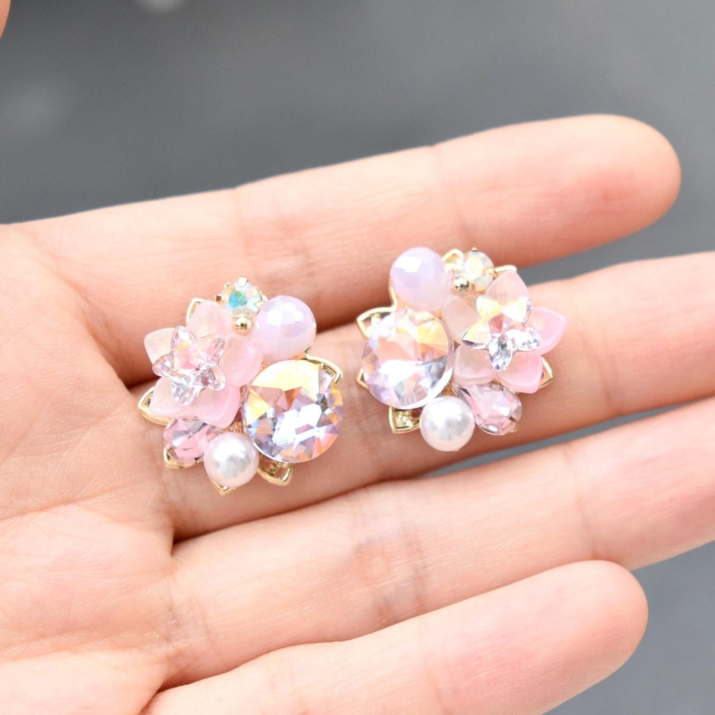 Pink Blue Crystals Flower Stud Earrings