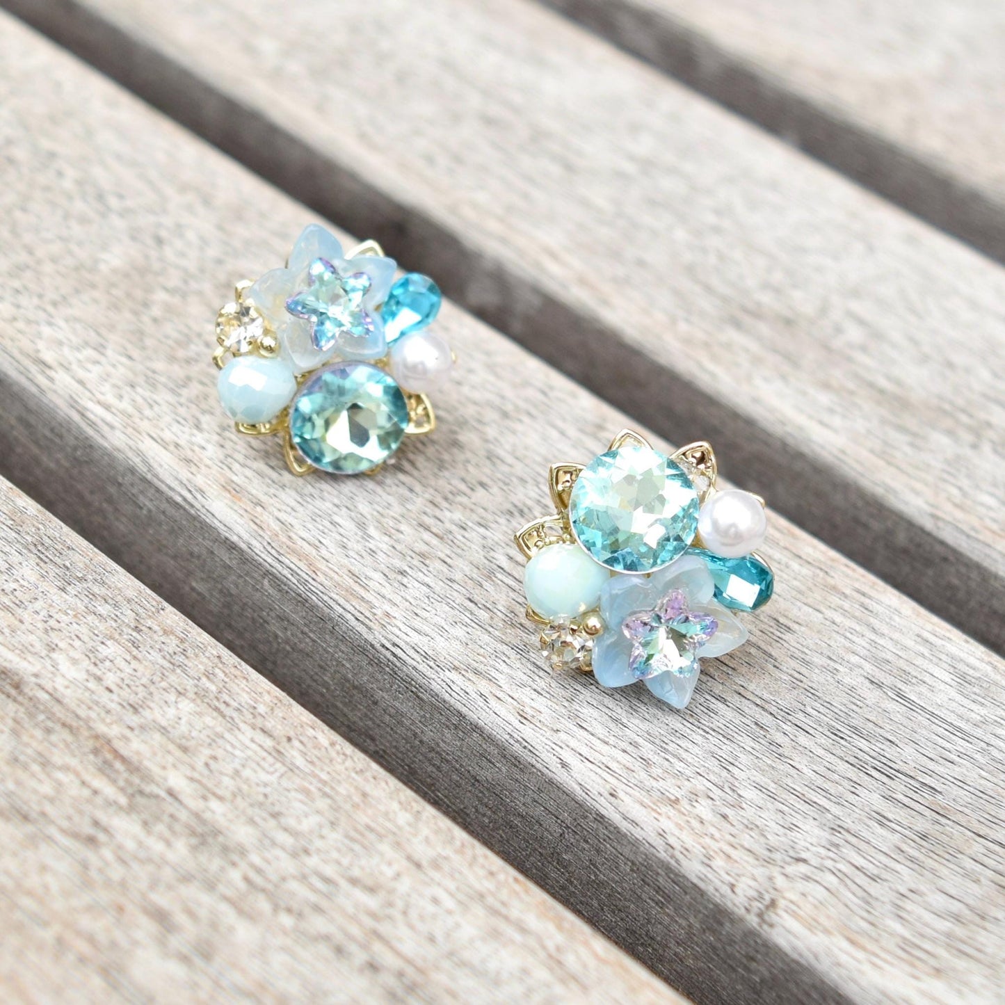 Pink Blue Crystals Flower Stud Earrings