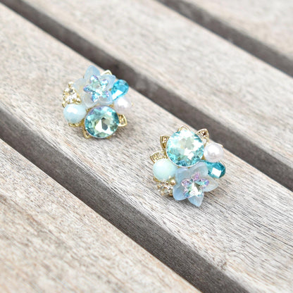 Pink Blue Crystals Flower Stud Earrings