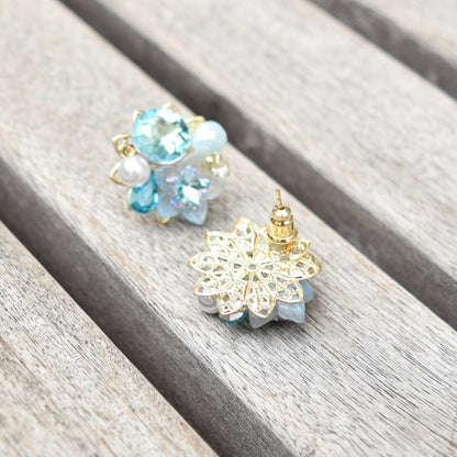 Pink Blue Crystals Flower Stud Earrings